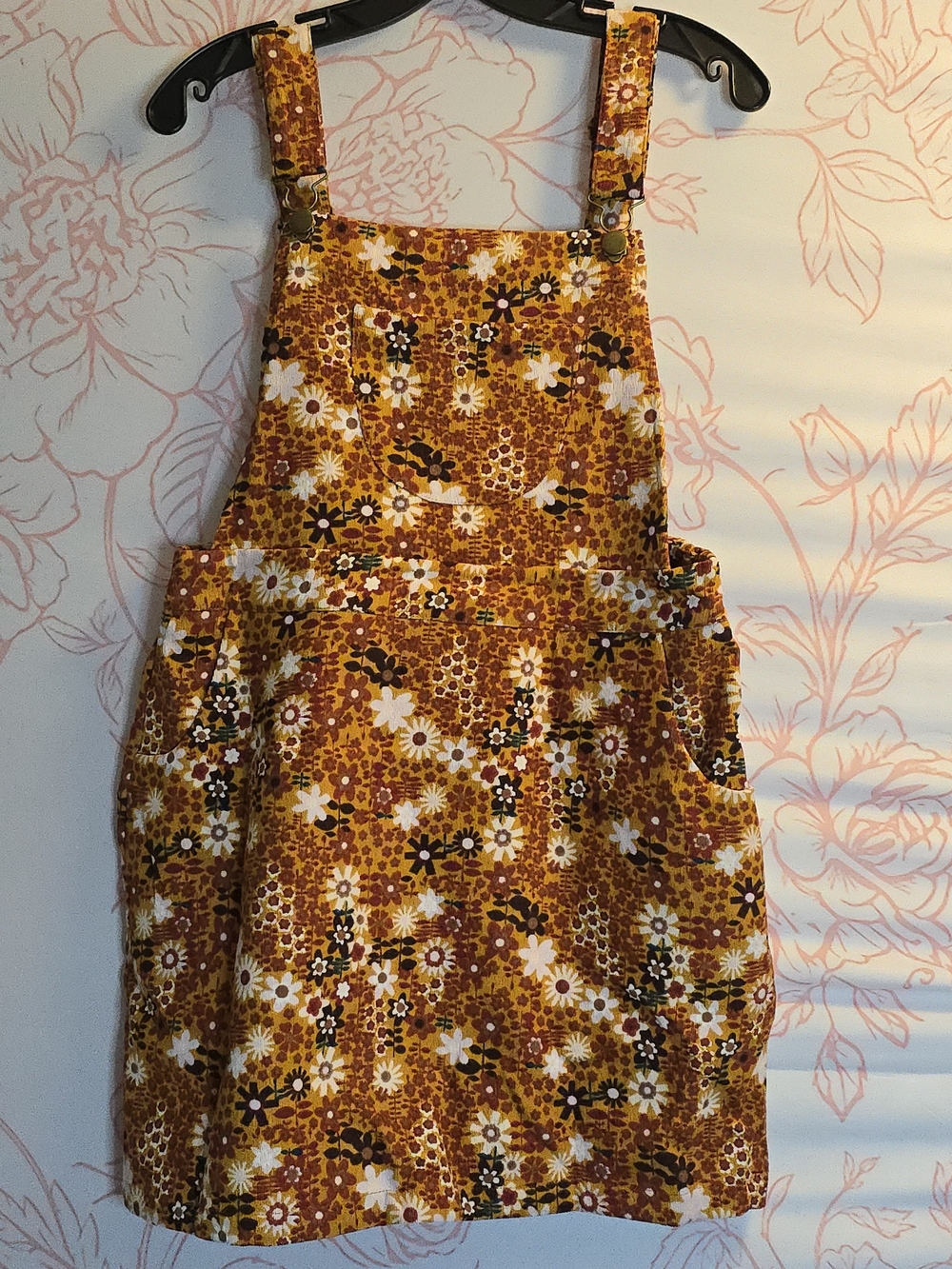 Cider Rust Floral Corduroy Overalls Mini Dress - Picture 2 of 6